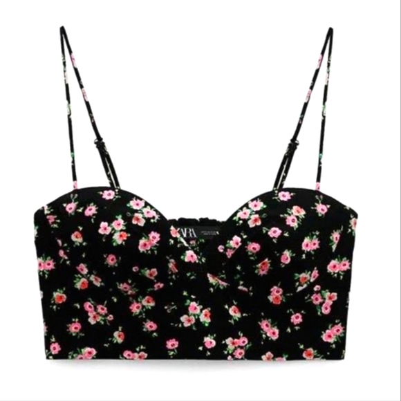 ZARA NEW Black Rose Floral Prints Cropped Top Spaghetti Straps Size Zipper XS-S - Picture 3 of 15